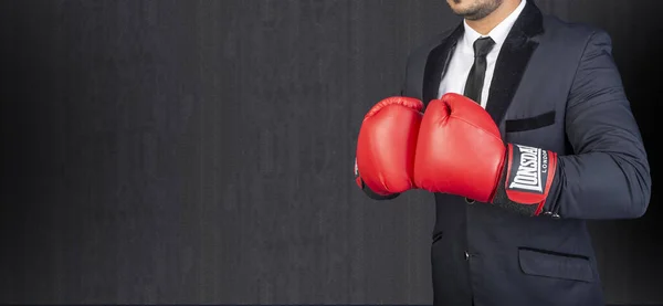 Businessman with boxing gloves and suit ready to accept all challanges in conceptual banner — Stock Photo, Image