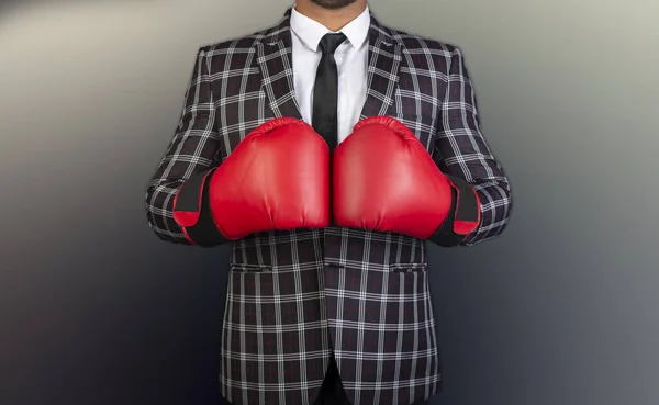Businessman Boxing Gloves Suit Ready Challenges Conceptual Banner — Stock Photo, Image