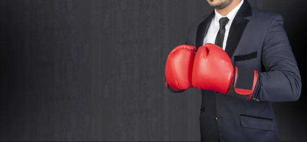 Businessman Boxing Gloves Suit Ready Accept All Challanges Conceptual Banner — Stock Photo, Image