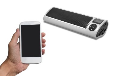 Akıllı telefon ve mavi diş hoparlör.