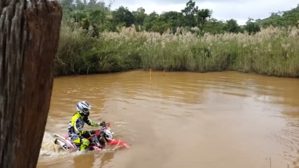 Motocross försöker köra över floden — Stockvideo