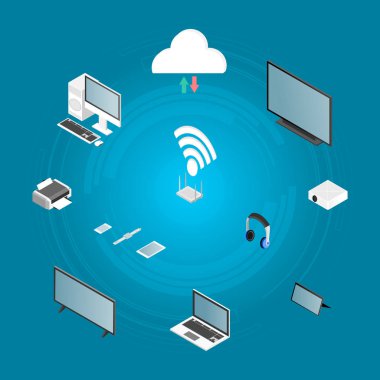 Kablosuz teknolojiler izometrik simgeler ve elektronik nesneler ayarlandı