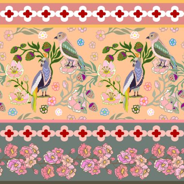 Cennet Bahçe. İpek eşarp deseni kiraz çiçekleri ve fantezi kuşlar.