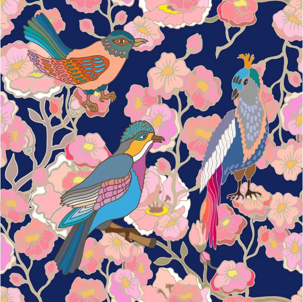 Paradis jardin. Modèle d'écharpe en soie avec des fleurs de cerise et des oiseaux fantastiques . — Image vectorielle