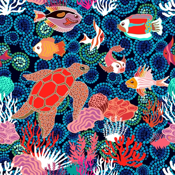 Zee leven art. Naadloze vector patroon met hand tortilla, vissen en koralen op zeewier achtergrond getekend. — Stockvector