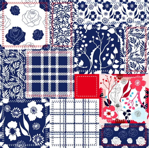 Blaues, weißes und rotes Flickwerk. Collage im Bohemian-Stil aus Baumwollklappen. Reihe nahtloser Vektormuster. — Stockvektor