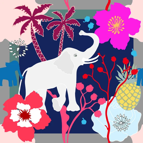 Parque tropical. Lenço de seda com elefante, palmas e flores, armação zebra . — Vetor de Stock
