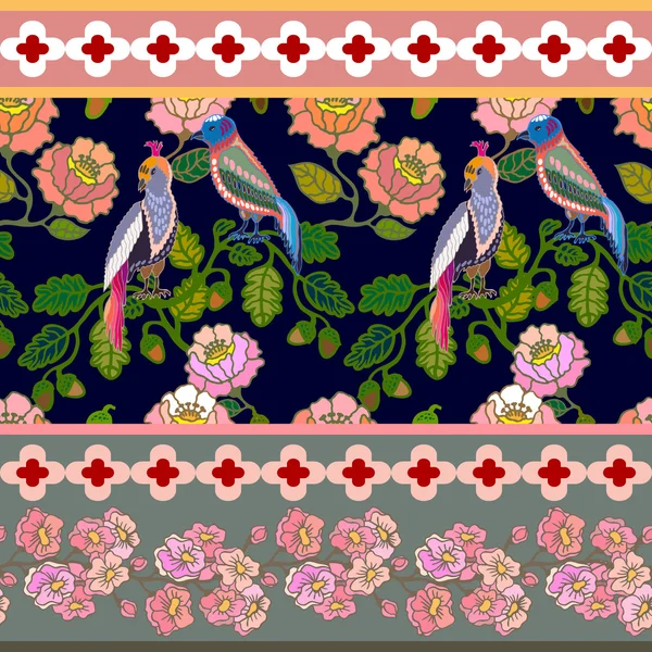 Paradise garden. Silk scarf pattern with cherry flowers and fantasy birds. — Stock Vector