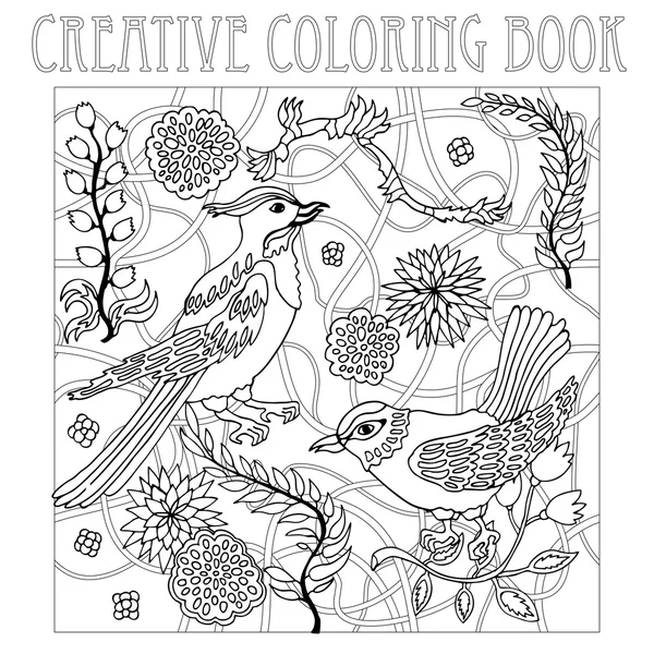 De vogels van het paradijs in de Japanse tuin. Geïnspireerd door de kunst van zentangle creatief kleurboek. — Stockvector