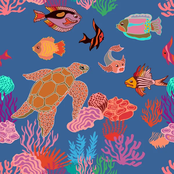 Sea life art. Seamless vector pattern with hand drawn fishes, tortilla and corals on seaweed background. — Stock Vector