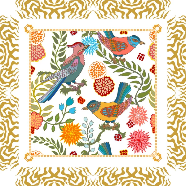 Cennet Bahçe. İpek eşarp deseni kiraz çiçekleri ve fantezi kuşlar.