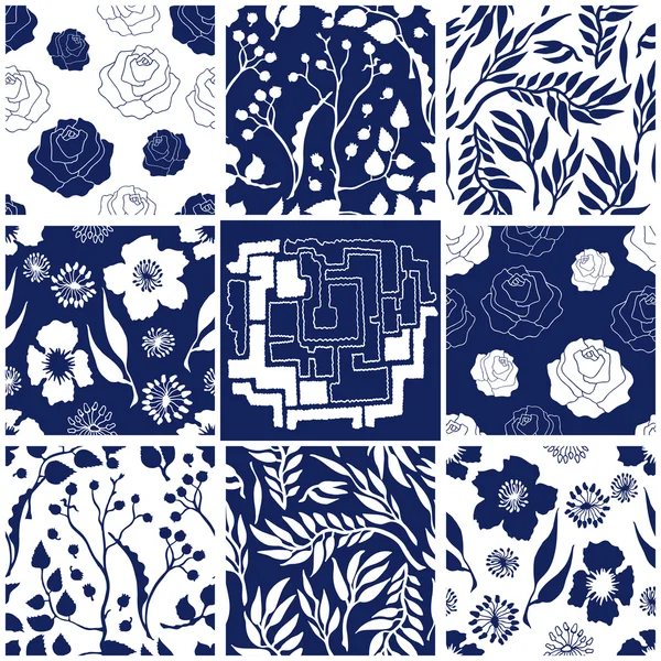 Jardín del laberinto. Conjunto de patrones victorianos sin costura con rosas, hojas, flores silvestres . — Archivo Imágenes Vectoriales