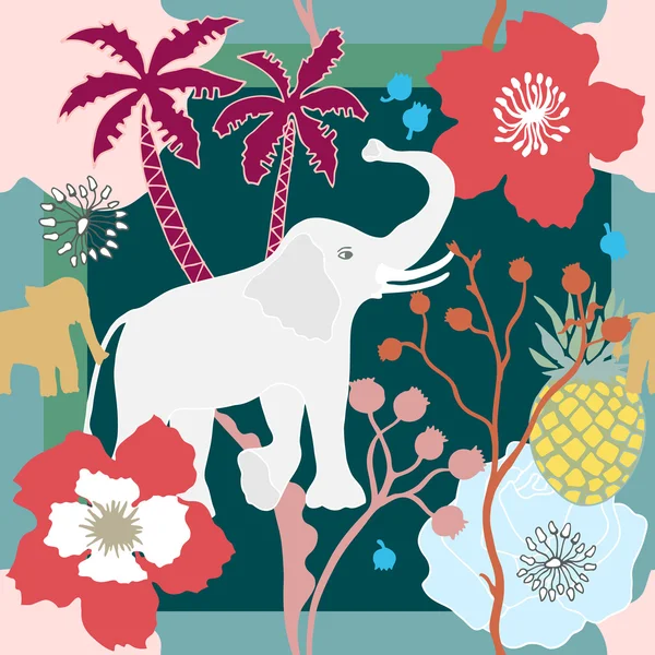 Тропічний парк. Шовковий шарф зі слоном, долонями та квітами, рамка зебри . — стоковий вектор