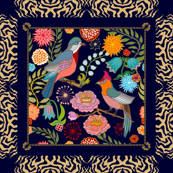 Paradis jardin. Modèle d'écharpe en soie avec des fleurs de cerise et des oiseaux fantastiques . — Image vectorielle