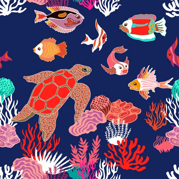 Θάλασσα ζωή τέχνη. Απρόσκοπτη διάνυσμα μοτίβο με το χέρι που ψάρια, τορτίγια και κοράλλια σε φύκια φόντο. — Διανυσματικό Αρχείο