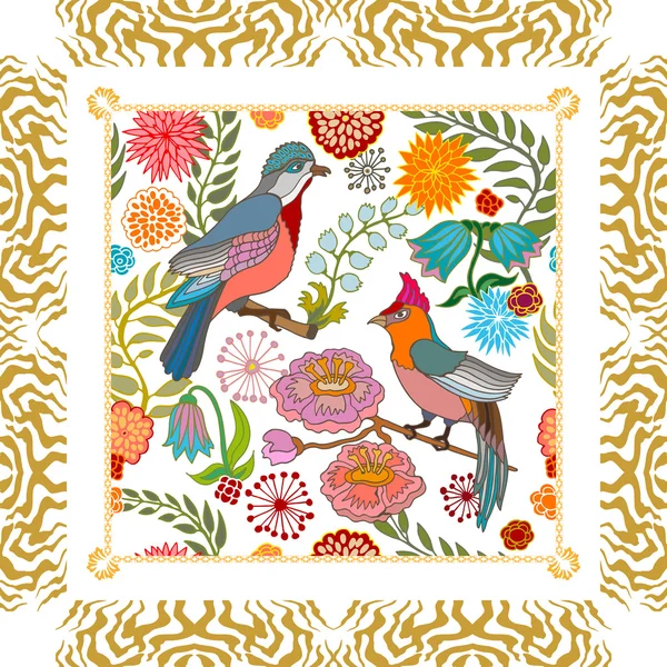 Cennet Bahçe. İpek eşarp deseni kiraz çiçekleri ve fantezi kuşlar.