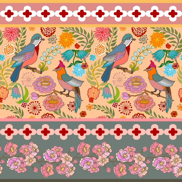 Cennet Bahçe. İpek eşarp deseni kiraz çiçekleri ve fantezi kuşlar.