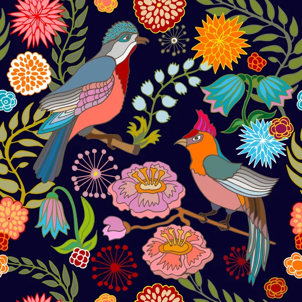 Jardín Paraíso. Patrón de bufanda de seda con flores de cerezo y pájaros de fantasía . — Archivo Imágenes Vectoriales