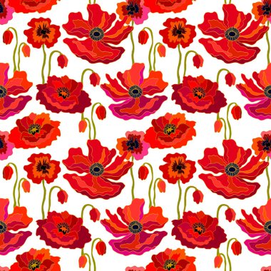 Haşhaş alan. Çiçek açan çiçekler ile sorunsuz vektör desen. 1950'lerde, 1960'larda motifleri.