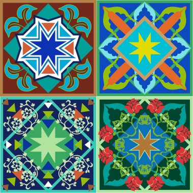 Sırlı antik seramik set. Çiçek ve geometrik desenlerle renkli vintage fayans. 