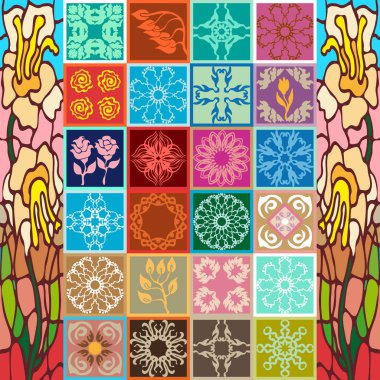 Sırlı antik seramik set. Çiçek ve geometrik desenlerle renkli vintage fayans. 