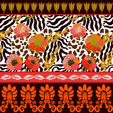 Hayvan baskı ve antik geometrik süsler ile sorunsuz vektör desen.