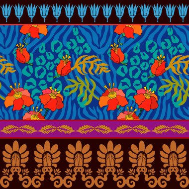 Hayvan baskı ve antik geometrik süsler ile sorunsuz vektör desen.