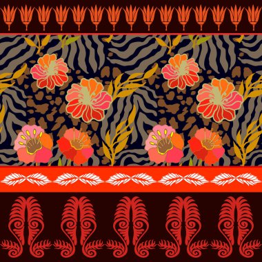 Hayvan baskı ve antik geometrik süsler ile sorunsuz vektör desen.