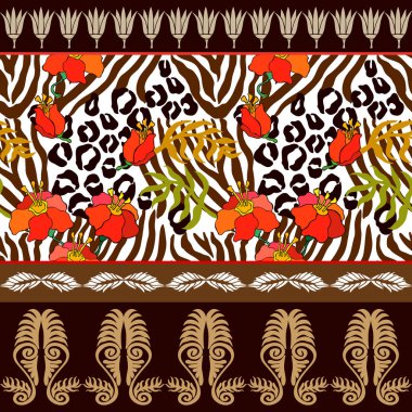 Hayvan baskı ve antik geometrik süsler ile sorunsuz vektör desen.