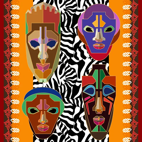 África desconhecida. Fronteira étnica com máscaras tribais africanas estilizadas inspiradas nas artes aborígenes . —  Vetores de Stock