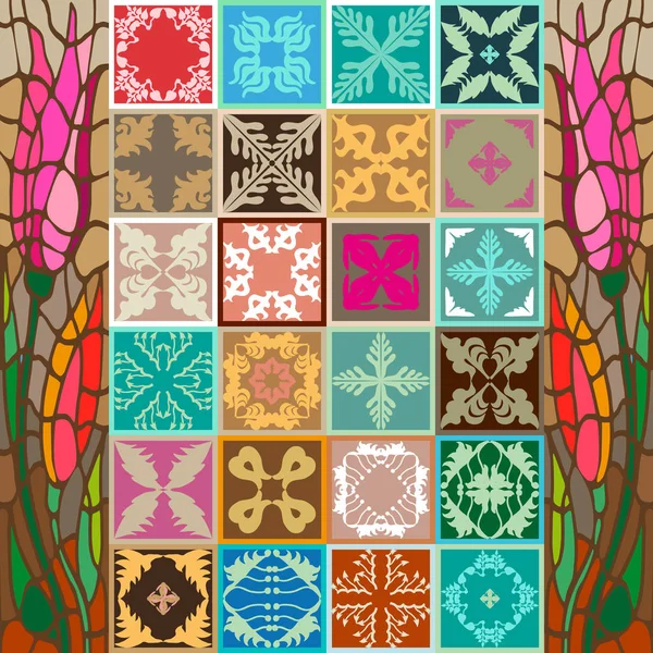 Conjunto de cerâmica antiga vitrificada. Telhas vintage coloridas com padrões florais e geométricos . — Vetor de Stock