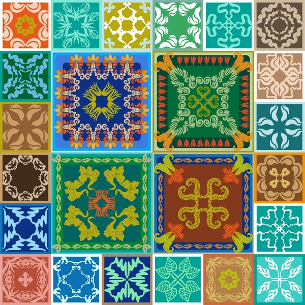 Set de cerámica antigua acristalada. Coloridos azulejos vintage con motivos florales y geométricos . — Vector de stock
