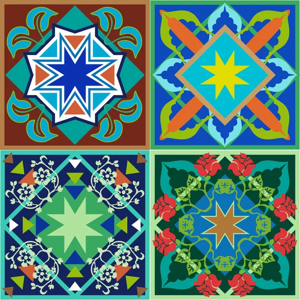 Застекленная древняя керамика. Красочные винтажные плитки с цветочными и геометрическими узорами . — стоковый вектор