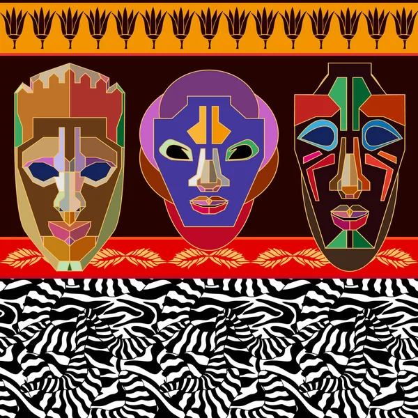 Unentdecktes Afrika. ethnische Grenze mit stilisierten afrikanischen Stammesmasken, die von der Kunst der Aborigines inspiriert sind. — Stockvektor