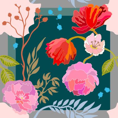 Sonbahar renkleri. İpek eşarp çiçek açan fantezi çiçekler ile. Soyut sorunsuz vektör desen elle çizilmiş çiçek öğeleri.