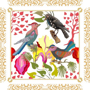 İpek eşarp deseni peonies, haşhaş, Çamın dalları ve fantezi kuşlar.