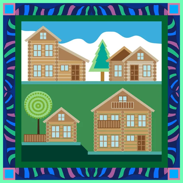 Foulard en soie avec paysage rural. Chalet maisons dans le village d'hiver . — Image vectorielle