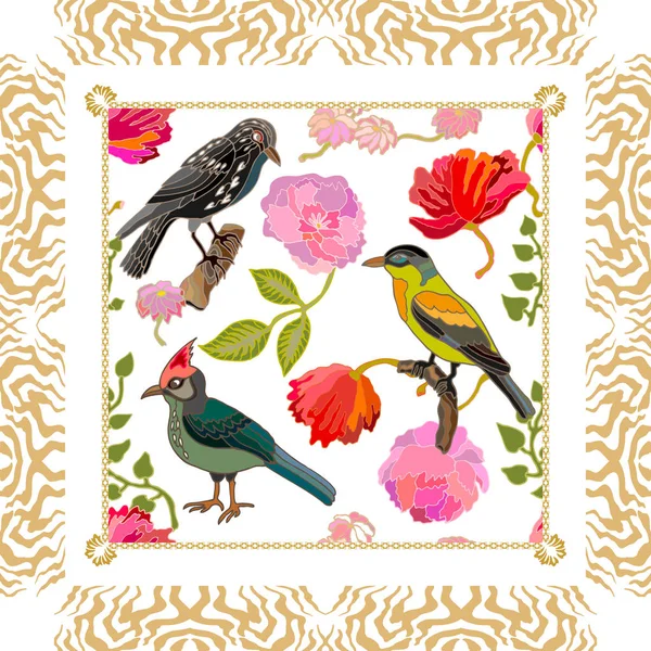 İpek eşarp deseni peonies, haşhaş, Çamın dalları ve fantezi kuşlar.