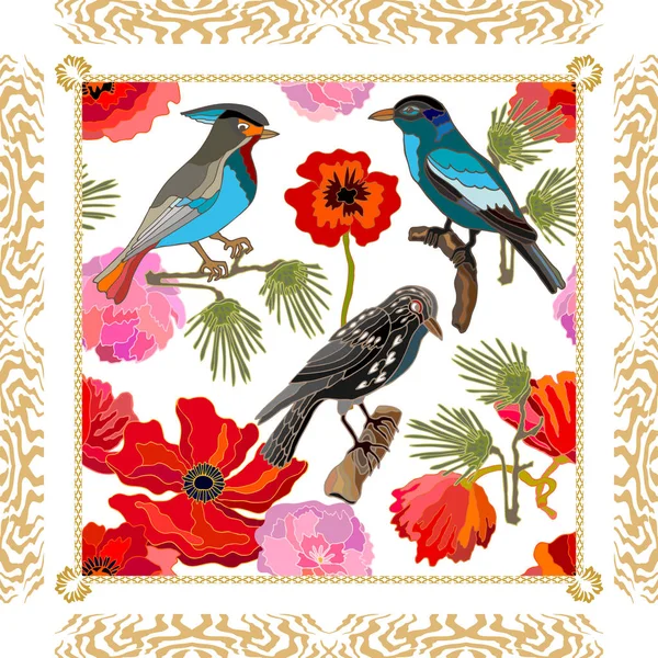 İpek eşarp deseni peonies, haşhaş, Çamın dalları ve fantezi kuşlar.