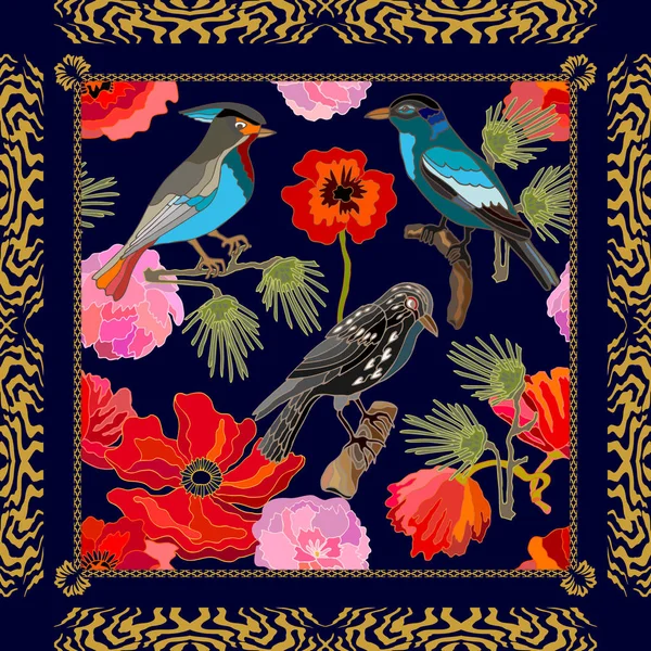 Écharpe en soie avec pivoines, coquelicots, branches de pin et oiseaux fantastiques . — Image vectorielle