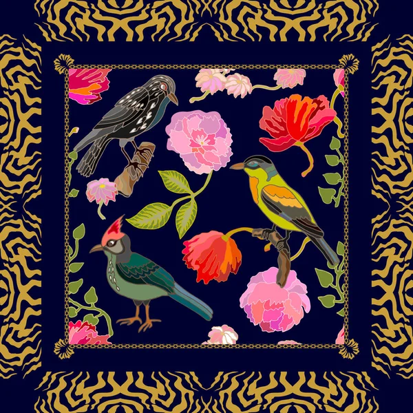 Écharpe en soie avec pivoines, coquelicots, branches de pin et oiseaux fantastiques . — Image vectorielle