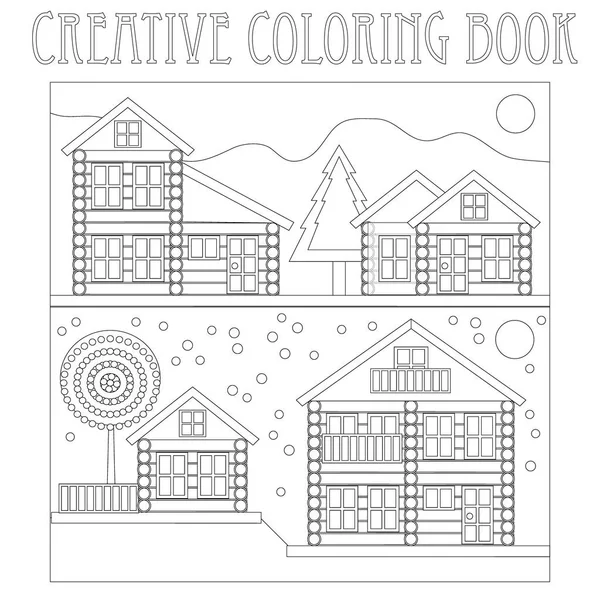 Творческая раскраска. Деревянные домики в зимней деревне . — стоковый вектор
