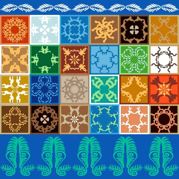 Керамический набор из стекла. Красочные винтажные плитки с цветочными и геометрическими узорами . — стоковый вектор