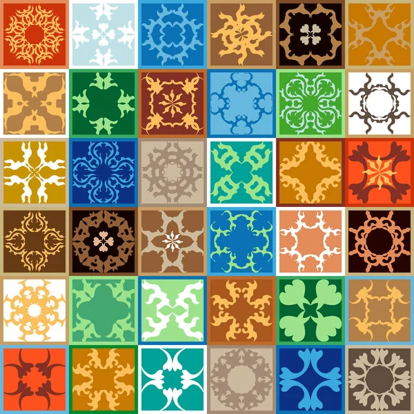 Geglazuurde Keramische set. Kleurrijke vintage tegels met bloemen- en geometrische patronen. — Stockvector