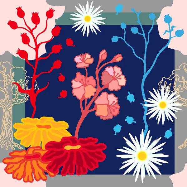 Colores otoñales. Bufanda de seda con flores de fantasía florecientes . — Archivo Imágenes Vectoriales
