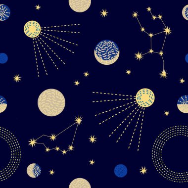 Zodyak gökyüzü. Soyut sorunsuz vektör desen takımyıldızları ile.