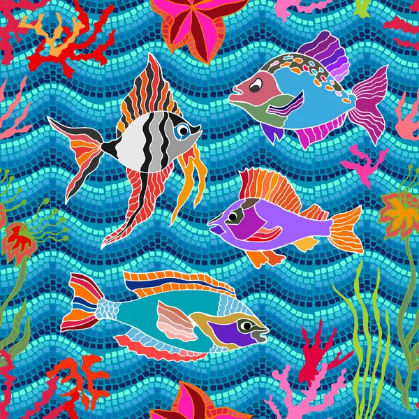 Art de la vie marine. Modèle vectoriel sans couture poissons et coraux . — Image vectorielle