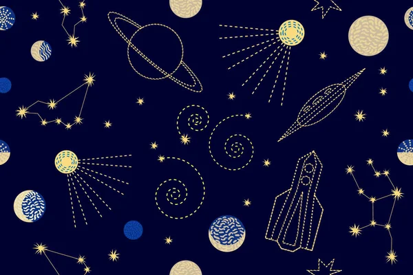 Ciel nocturne. Modèle vectoriel sans couture avec constellations, croissant de lune, fusées , — Image vectorielle