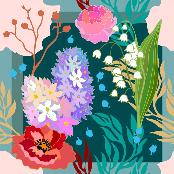 Warna musim semi. Syal sutra dengan bunga poppy dan hyacinth . - Stok Vektor