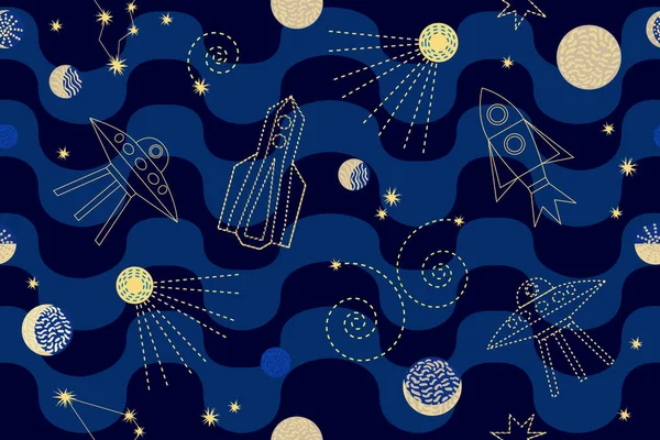夜の空。星座、ロケット、宇宙船、sp とシームレスなベクトル パターン — ストックベクタ